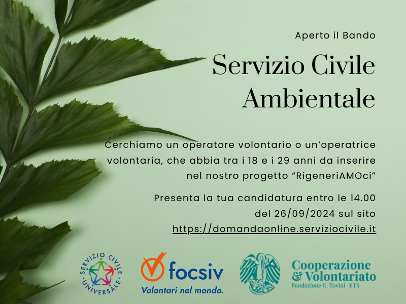 SERVIZIO CIVILE AMBIENTALE: pubblicato il bando, scadenza 26/09/2024